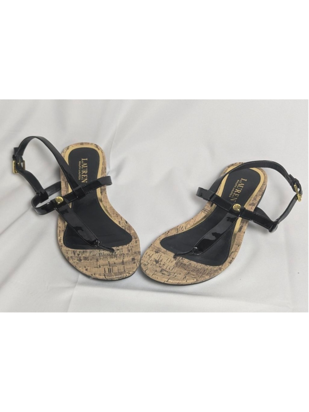 Lauren Ralph Lauren Black Patent Cork Thong Sandals Women's